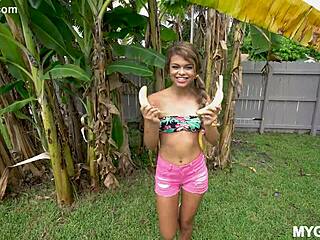 Pussy goes bananas with brunette small tits babe in interracial deepthroat and cowgirl riding 🍌