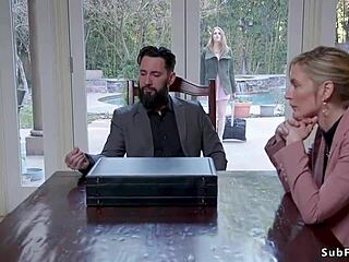 Lawyer engages in anal roleplay with step sisters tied up in bondage fantasy.