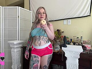 Horny tattooed blonde goddess with blue eyes gives dirty talk femdom joi for gooner plug and pump session