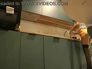 Cute Sexy Housewife Flashes Panties On High Heels Stockings In Mini Short Skirt Kitchen