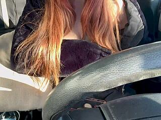 italian milf artemisia love flashes big tits and hard nipples during solo outdoor car ride fetish