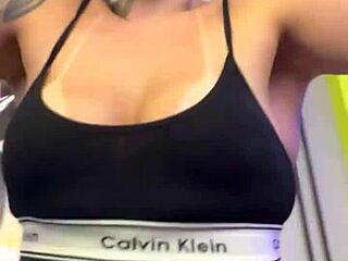 at building gym with wet pussy and hard nipples while residents watch