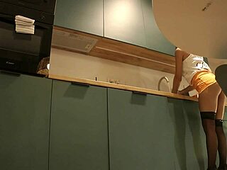 Cute Sexy Housewife Flashes Panties On High Heels Stockings In Mini Short Skirt Kitchen