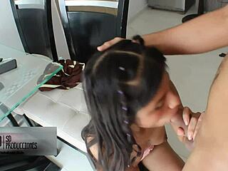 brunette stepsister gets hardcore doggystyle creampie on parents' bed