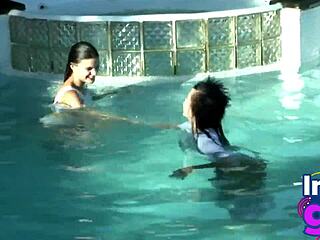 Two hot brunette babes perform naked carwash with ass licking and orgasm in lesbian encounter