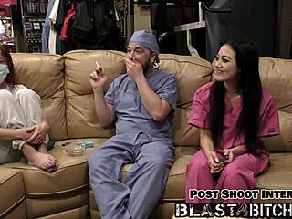 Blaire Celeste sucks dick and gets pussy blasted with cum in hospital nurse domination scene.