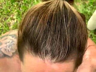 blonde slut with natural tits gives outdoor blowjob ending in cum