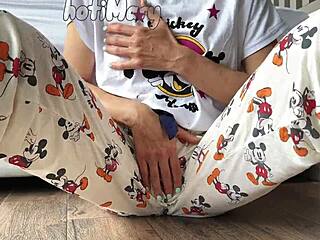 Skinny teen in pajama with small tits fingering pussy to squirting orgasm