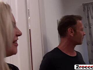 Blonde babe sucks cocks in wild gangbang blowjob session