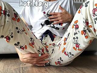 Skinny teen in pajama with small tits fingering pussy to squirting orgasm