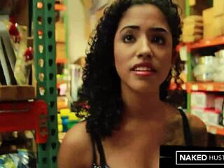 Curly latina college girl feels thrilled sucking black dick publicly