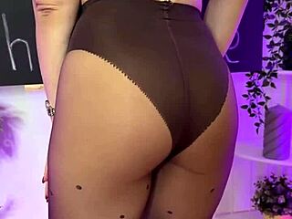 Sexy mature blonde slips into coffee colored tights for a teasing nylon display