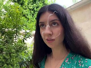 If you lose this game, walk with cum on your face in public. Cute Czech teen gets facial cumshot from huge homemade pov blowjob outdoors