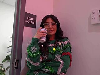 Brunette big titty latina coworker with glasses gives deepthroat blowjob and handjob at office Christmas party. She bends over desk for doggystyle fucking, missionary pounding, cowgirl riding until facial cumshot in see-through lingerie.