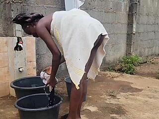 Casual-Narrative Sex addicted housewife nasty bitch fucks her husband brother outside behind the window.