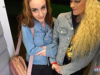 Skinny blonde Sassy teams up with cute brunette Lola to suck tits and twats eagerly