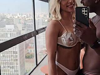 Exotic Brazilian blonde gives her big ass to the hung black guy outdoors and he cums inside her tight pussy