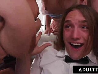 innocent teen preacher loses virginity to horny milfs in sloppy reverse gangbang with shower toys