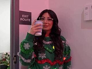 Brunette big titty latina coworker with glasses gives deepthroat blowjob and handjob at office Christmas party. She bends over desk for doggystyle fucking, missionary pounding, cowgirl riding until facial cumshot in see-through lingerie.