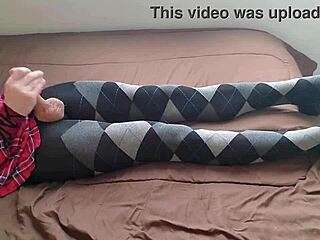 Shemale in Plaid Dress and Argyle Tights Masturbates Solo with Fetish Jerking Off