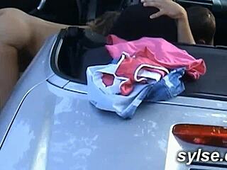 Teen and milf dildo play in car before roadside threesome fucking