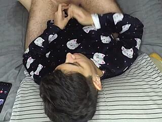 Romantic handjob leads to blowjob with cum in mouth and swallow before bed.