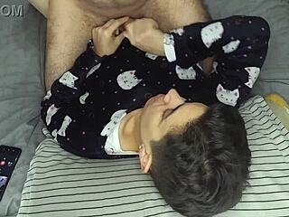 Romantic handjob leads to blowjob with cum in mouth and swallow before bed.