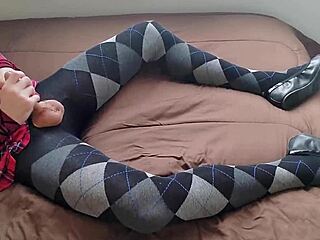 Shemale in Plaid Dress and Argyle Tights Masturbates Solo with Fetish Jerking Off