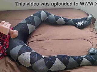 Shemale in Plaid Dress and Argyle Tights Masturbates Solo with Fetish Jerking Off