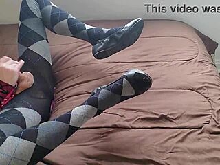 Shemale in Plaid Dress and Argyle Tights Masturbates Solo with Fetish Jerking Off