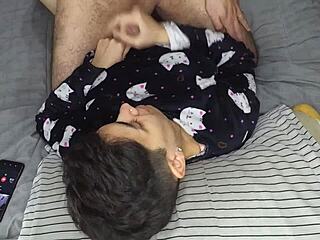 Romantic handjob leads to blowjob with cum in mouth and swallow before bed.