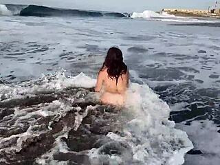 stepmom requests a nude beach photoshoot from her stepson with big natural tits and hairy beaver on display. she bends over in public for european exhibitionist voyeur shots.