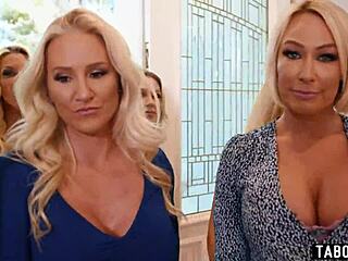 young guy gets banged reverse gangbang style by five blonde milfs with huge tits