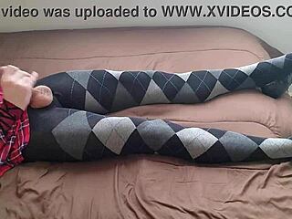 Shemale in Plaid Dress and Argyle Tights Masturbates Solo with Fetish Jerking Off