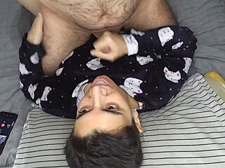 Romantic handjob leads to blowjob with cum in mouth and swallow before bed.