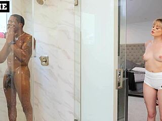 Amber Moore, this sexy blonde babe, bends over to ride her personal trainer's big black cock in tight wet pussy for intense workout sex.