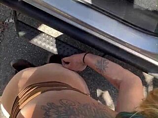 cheating blonde whore sucks cock & takes a facial out in public during the middle of the day 😈