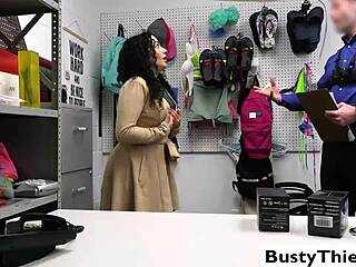 Brianna Bourbon, the busty brunette milf, gets caught and fucks the officer on the desk in the office.