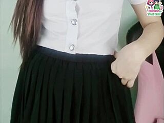 thai amateur teen in cosplay sets up camera for cute solo masturbation rubbing nipples and fingering pussy outdoors