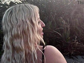 Blonde slut with big ass bends over for bareback doggystyle fuck on public beach