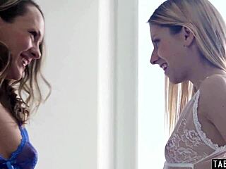 skinny hungarian blue angel and italian rebecca volpetti in stockings caress each other with subtle lesbian touches