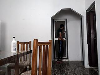 Dude, this perverted stepfather is masturbating while watching her big ass shake in the bathroom solo session