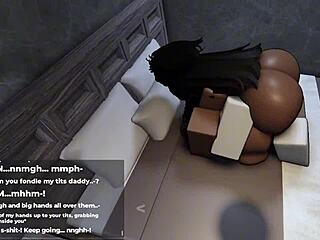 Thick ebony cutie makes me play with her huge tits.