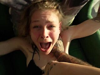 Blonde slut gets railed in cowgirl and missionary wearing red converse shoes with cum in mouth.