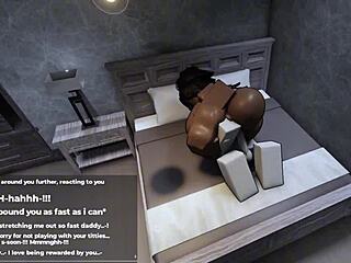 Thick ebony cutie makes me play with her huge tits.