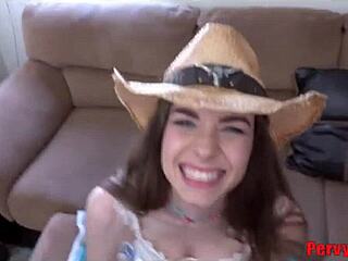 Hey, this naughty step daughter turns into a wild cowgirl riding daddy in kinky rough action