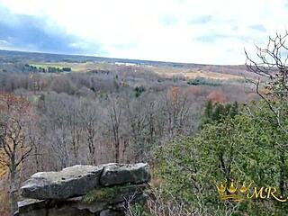 Busted redhead caught deepthroating and fucking outdoors on cliff