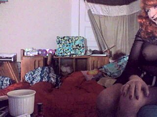 sexy redheaded tranny ms head grabs her 8-inch vibrating dildo for solo masturbation, swallowing it deep with cum