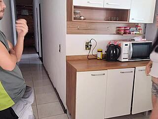 In a RISKY homemade scene, Brazilian brunette housewife FUCKS husband's best friend while he's in the shower. She moans in DIRTY talk during rough bareback sex.