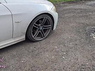 Hey, this hairy mature milf repaid my kindness by swallowing my cum in the car outdoors.